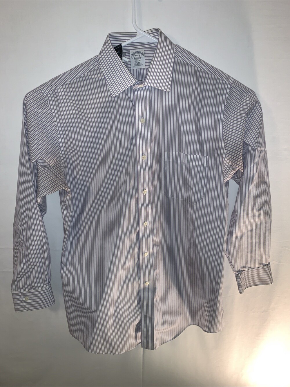 Brooks Brothers Shirt Mens 15.5 32 Purple Button Up Striped Long Sleeve Pocket